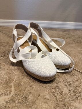 Kelly & Katie White Lace Espadrille Wedge with Ankle Ties